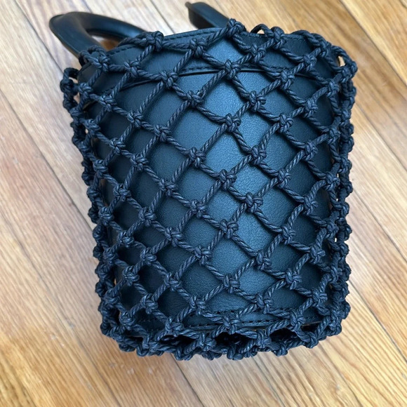 STAUD Black Moreau Leather Woven Bucket Mini Bag | Designer Minimalist Chic - Picture 4 of 7